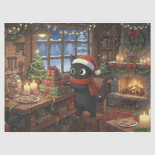 Papier Mousseline Chat noir emballant des cadeaux de Noël découpage