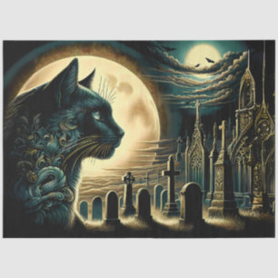 Papier Mousseline Chat noir et cimetière gothique Halloween