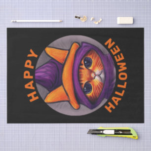 Papier Mousseline Chat orange avec sorcière violette Casquette Bonne