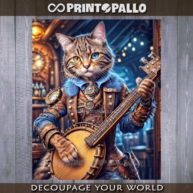 Papier Mousseline Chat Steampunk jouant au banjo dans un pub bleu - (Créateur téléchargé)