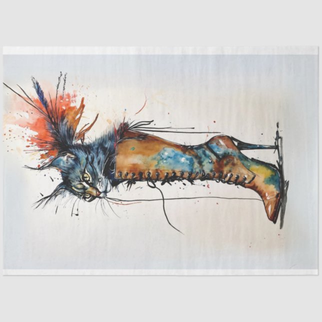 Papier Mousseline Chat Whimsical dans un Boot Vibrant couleurs Décou (Recto)