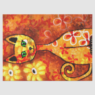Papier Mousseline Chat Whimsical Rétro Kitty Floral Jaune Rouge Oran