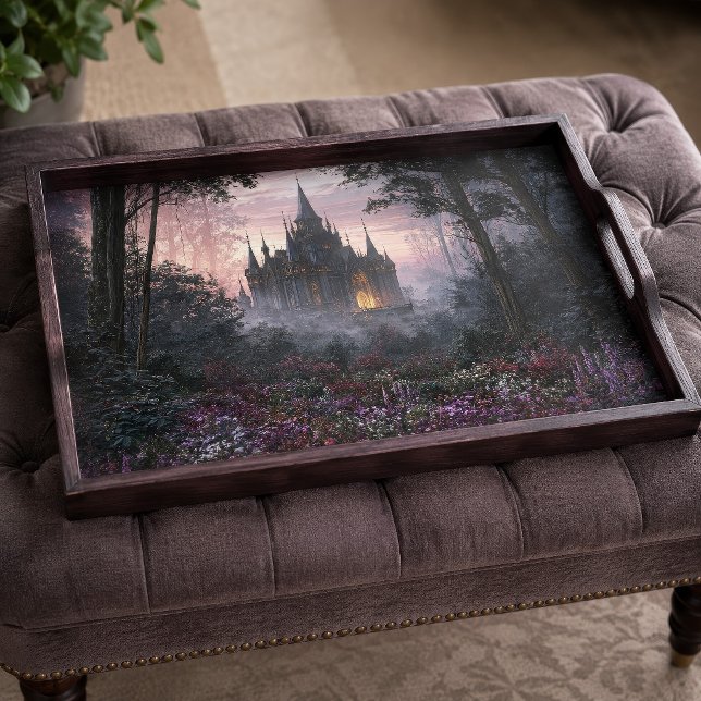 Papier Mousseline Château gothique de forêt au crépuscule brumeux dé (Créateur téléchargé)