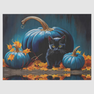 Papier Mousseline Chaton noir et lune bleue Citrouilles Feuilles d'a