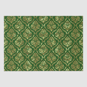 Papier Mousseline Chatoyant Or Floral Damask Sur Vert
