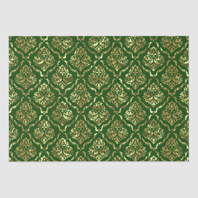 Papier Mousseline Chatoyant Or Floral Damask Sur Vert (Recto)