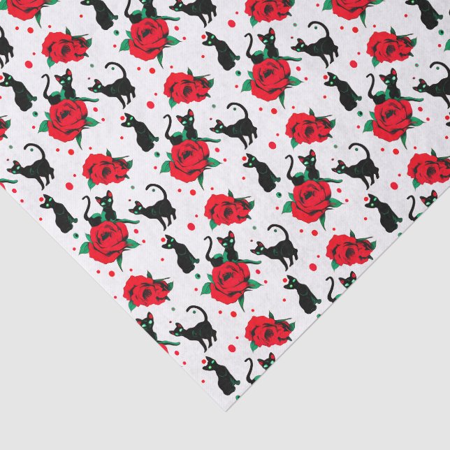 Papier Mousseline Chats noirs mignons effrayants motif roses rouges (Détail)