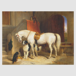 PAPIER MOUSSELINE CHEVAL BLANC AVEC CHIENS ET FALCONS EN STABLE