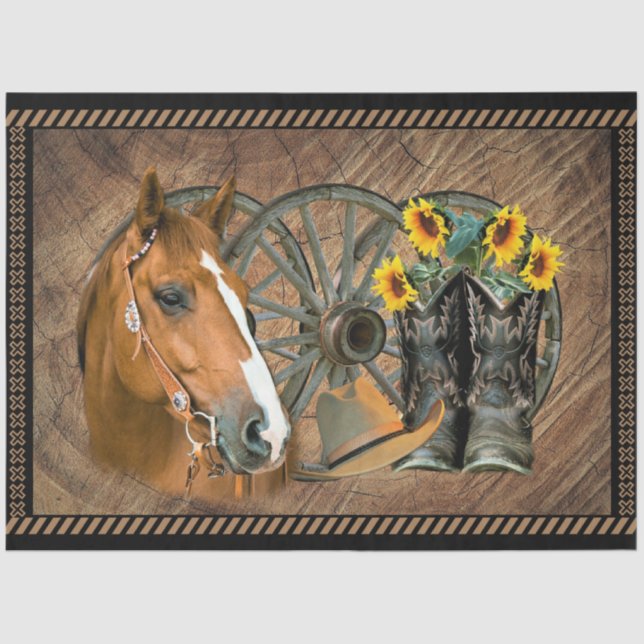 Papier Mousseline Cheval Botte Cowboy Wagon Wheel Rustique Grange Bo (Recto)