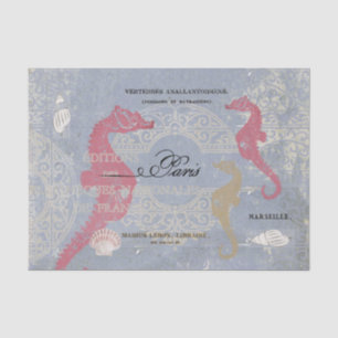 Papier Mousseline Cheval de mer rose Coquille Bleu Découpage Françai