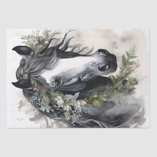 Papier Mousseline Cheval floral noir et blanc Boho (Recto)