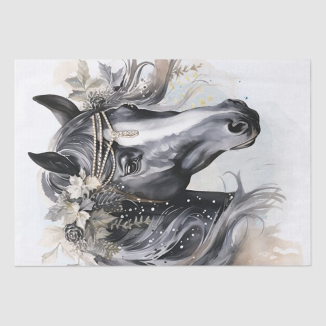 Papier Mousseline Cheval floral noir et blanc Boho (Recto)