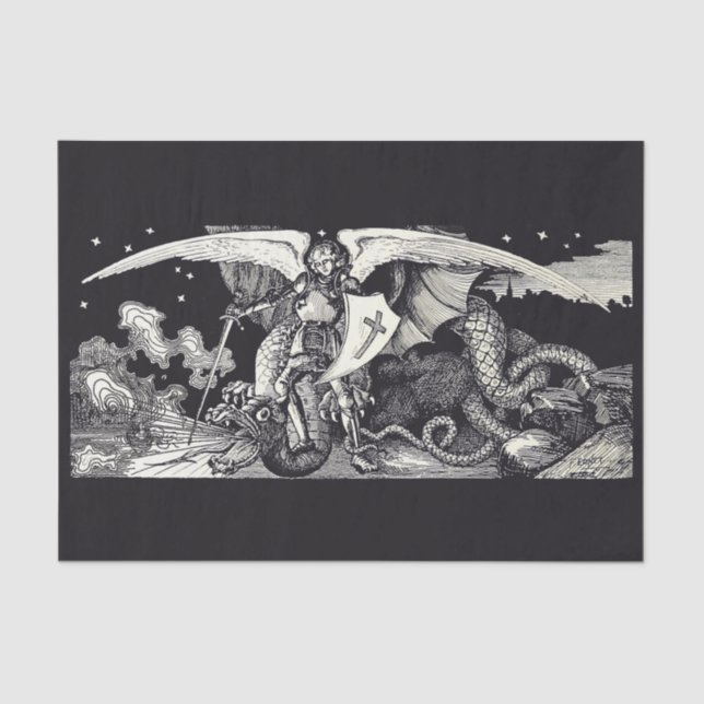 Papier Mousseline Chevalier médiéval et dragon B W Papier Tissu (Recto)