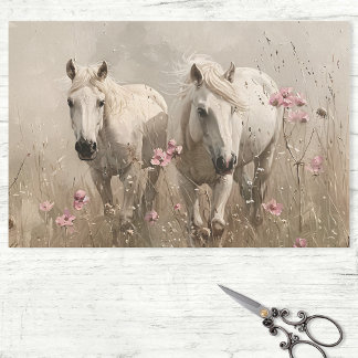 Papier Mousseline Chevaux gris Fleurs roses Peinture à l'huile Décou