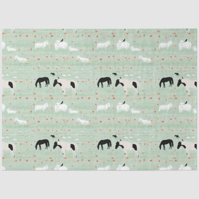 Papier Mousseline Chevaux Moutons Ferme Rose Orange Fleurs (Recto)
