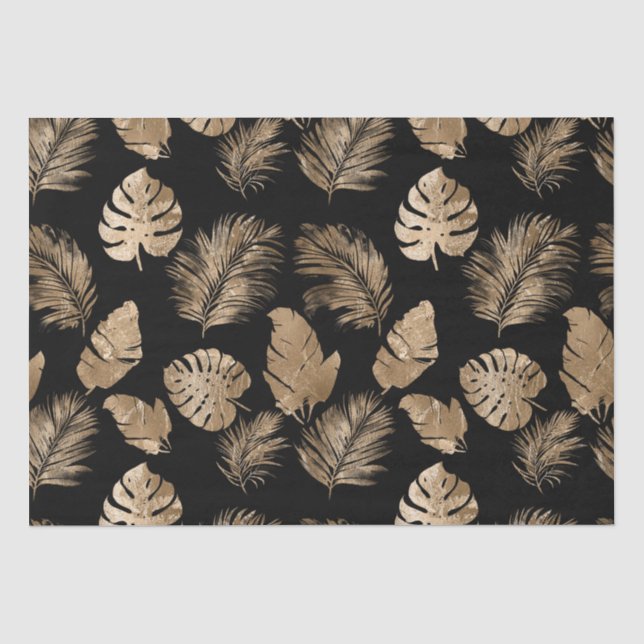 Papier Mousseline Chic Black Gold Tropical Feuilles (Recto)