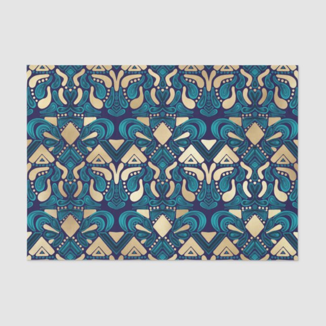 Papier Mousseline Chic Hipster Gold Emerald Blue Tribal Artsy Damask (Recto)