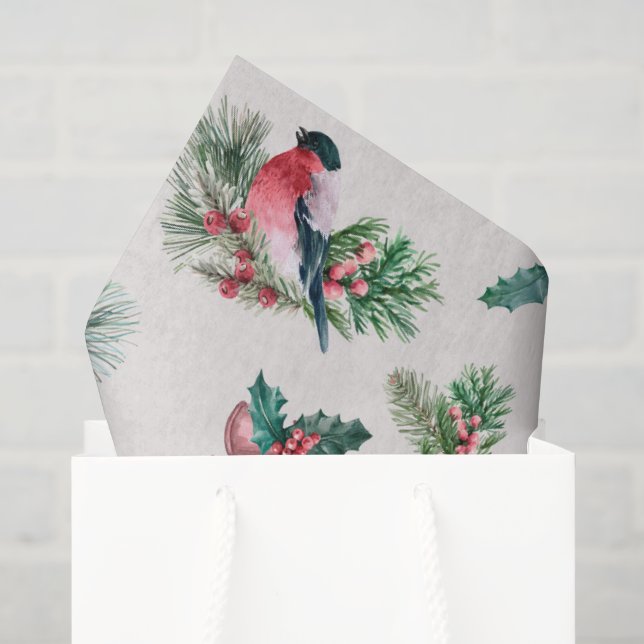 Papier Mousseline Chic Noël Vacances Bullfinch Pine Holly (Sac cadeau)