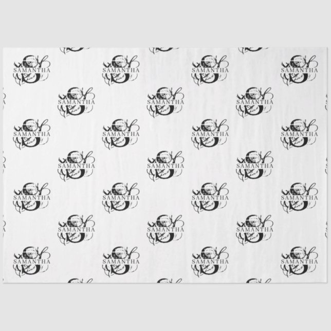 Papier Mousseline Chic noir et blanc dévêtu Monogramme de script (Recto)