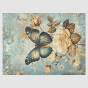 Papier Mousseline Chic papillon bleu Shabby & roses blanches