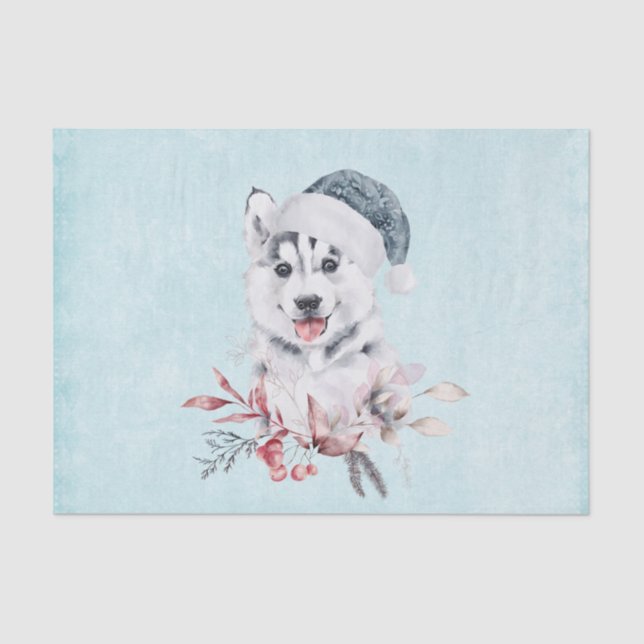 Papier Mousseline Chien de Noël Husky dans un chapeau de Père Noël (Recto)