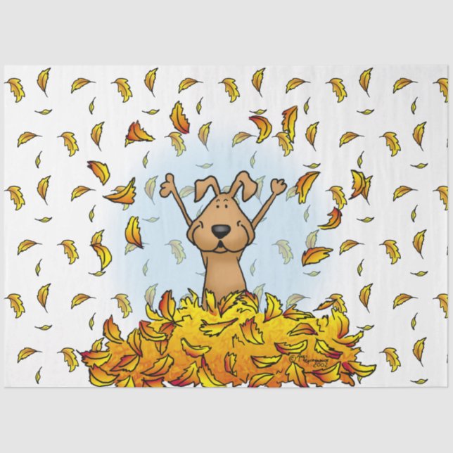 Papier Mousseline Chien Jouant dans un seau de feuilles d'automne -  (Recto)