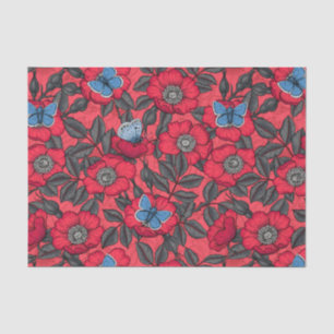 Papier Mousseline Chien rose et papillons en rouge et bleu