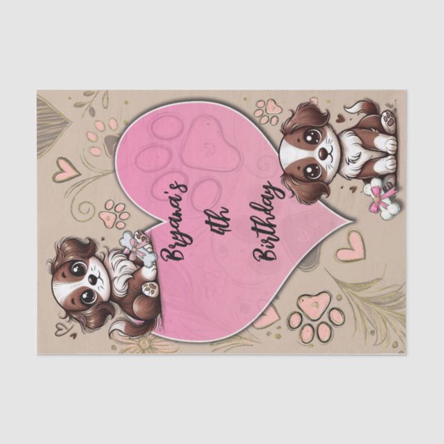Papier Mousseline Chien rose rose Brown et coeur fête d'anniversaire (Recto)