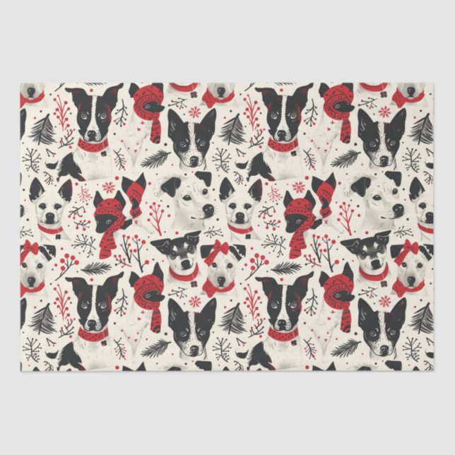 Papier Mousseline Chiens de Noël Noir Rouge Motif à thème (Recto)
