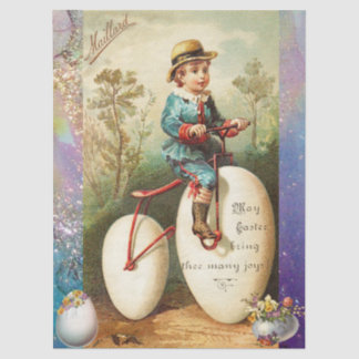 PAPIER MOUSSELINE CHILD WITH EASTER EGG BIKE AND COLORFUL FLOWERS