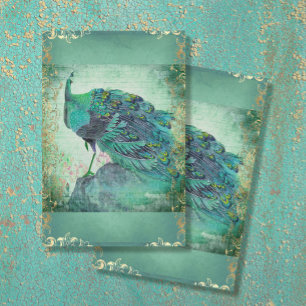 Papier Mousseline Chine Peacock Feather Aqua Blue Gold Decoupage