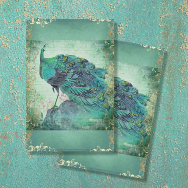 Papier Mousseline Chine Peacock Feather Aqua Blue Gold Decoupage (Créateur téléchargé)