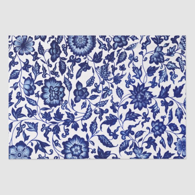 Papier Mousseline Chinois bleu marine foncé motif floral sur blanc (Recto)