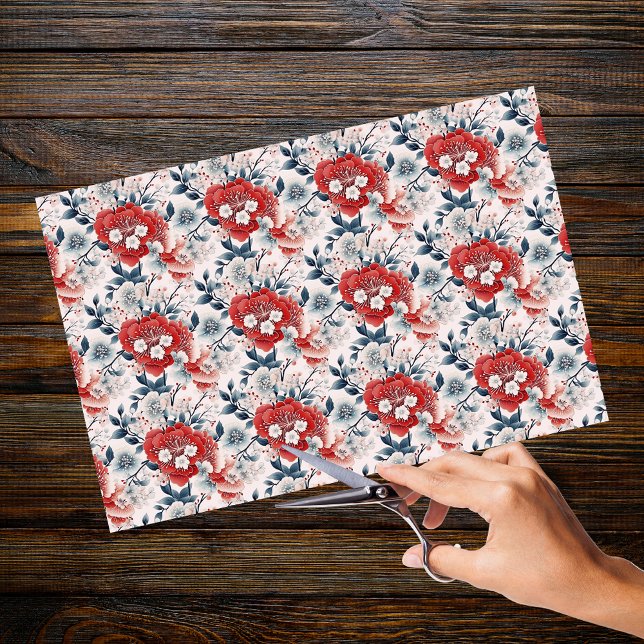 Papier Mousseline Chinoiserie Asiatique Blanc Rouge Gris Floral Déco (Créateur téléchargé)
