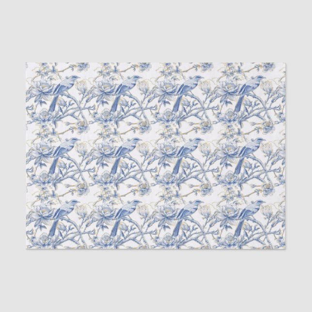 Papier Mousseline Chinoiserie Asiatique Oiseau Blanc Bleu Floral Déc (Recto)