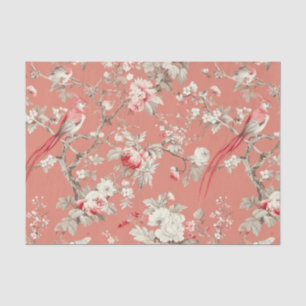 Papier Mousseline Chinoiserie Asiatique Oiseau Floral Blanc Rose Déc