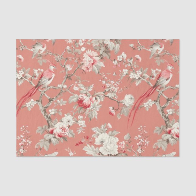Papier Mousseline Chinoiserie Asiatique Oiseau Floral Blanc Rose Déc (Recto)