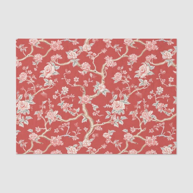 Papier Mousseline Chinoiserie Asiatique Rose Rouge Floral Découpage (Recto)