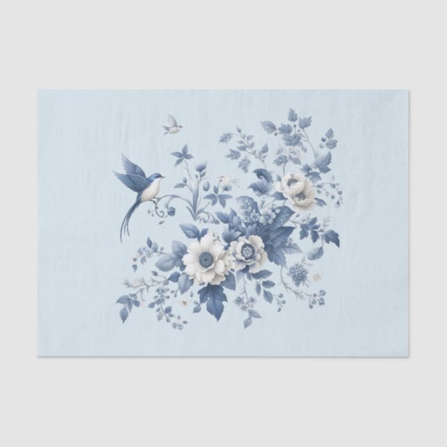 Papier Mousseline Chinoiserie Bird et Floral Blue (Recto)