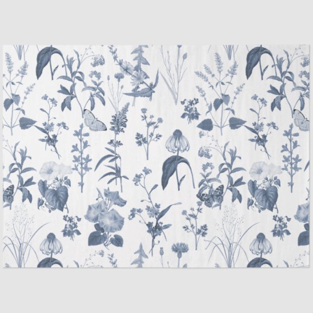 Papier Mousseline Chinoiserie Bleu Blanc Fleur sauvage Floral Découp (Recto)