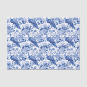 Papier Mousseline Chinoiserie Bleu & Blanc Floral Oiseaux asiatiques