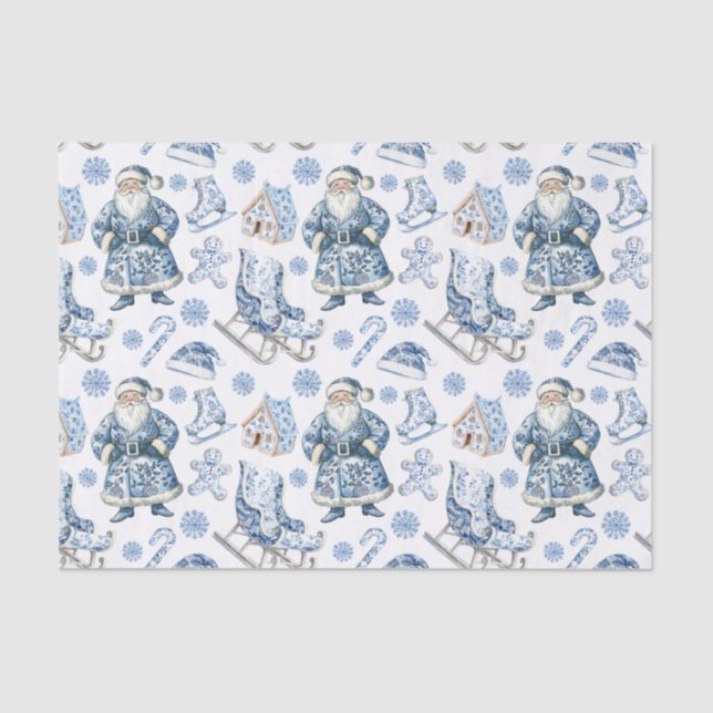 Papier Mousseline Chinoiserie bleue et blanche Noël Père Noël (Recto)