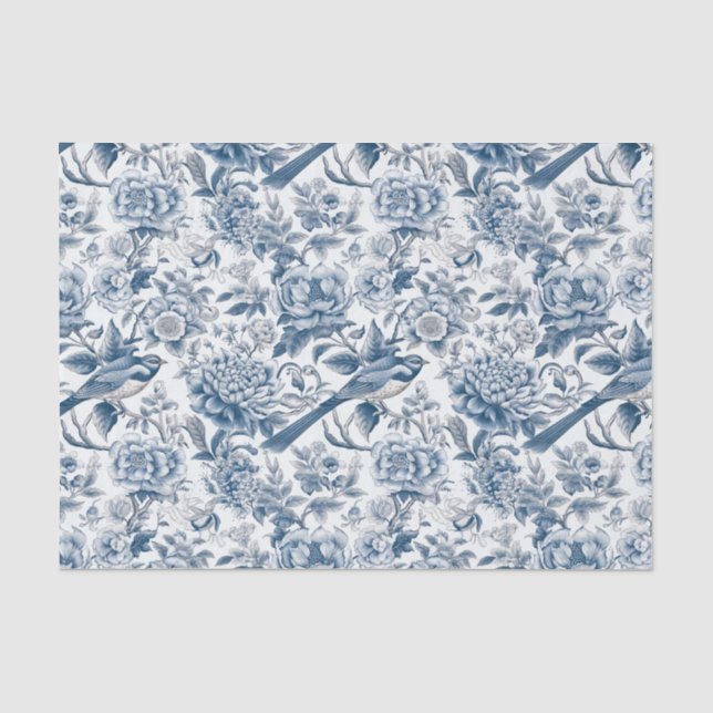Papier Mousseline Chinoiserie Blue White Peony Floral Bird Découpage (Recto)
