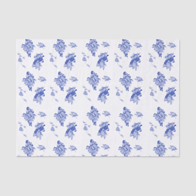 Papier Mousseline Chinoiserie classique Motif floral bleu chic (Recto)