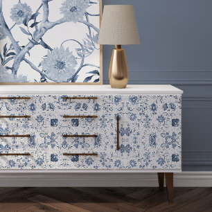 Papier Mousseline Chinoiserie Fleurs florales Bleu et blanc Découpag