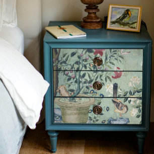 Papier Mousseline Chinoiserie Floral Birds Pot Mint sur Blue Decoupa