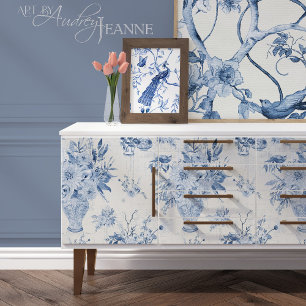 Papier Mousseline Chinoiserie Floral Vase Peony Bleu Blanc Découpage