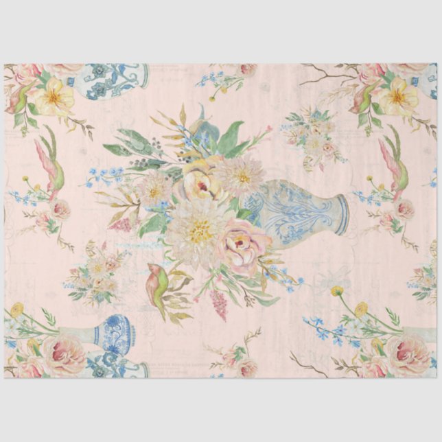 Papier Mousseline Chinoiserie Floral Vase Peony Blush Pink Découpage (Recto)