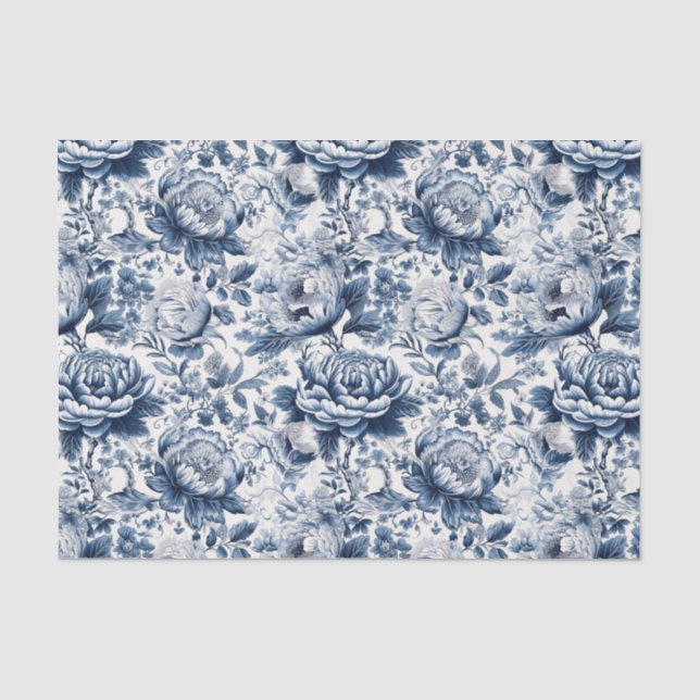Papier Mousseline Chinoiserie Marine Bleu blanc Peony Floral Découpa (Recto)