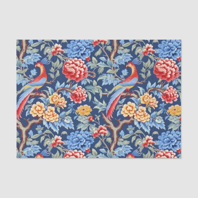 Papier Mousseline Chinoiserie Oiseaux peinture florale Découpage (Recto)